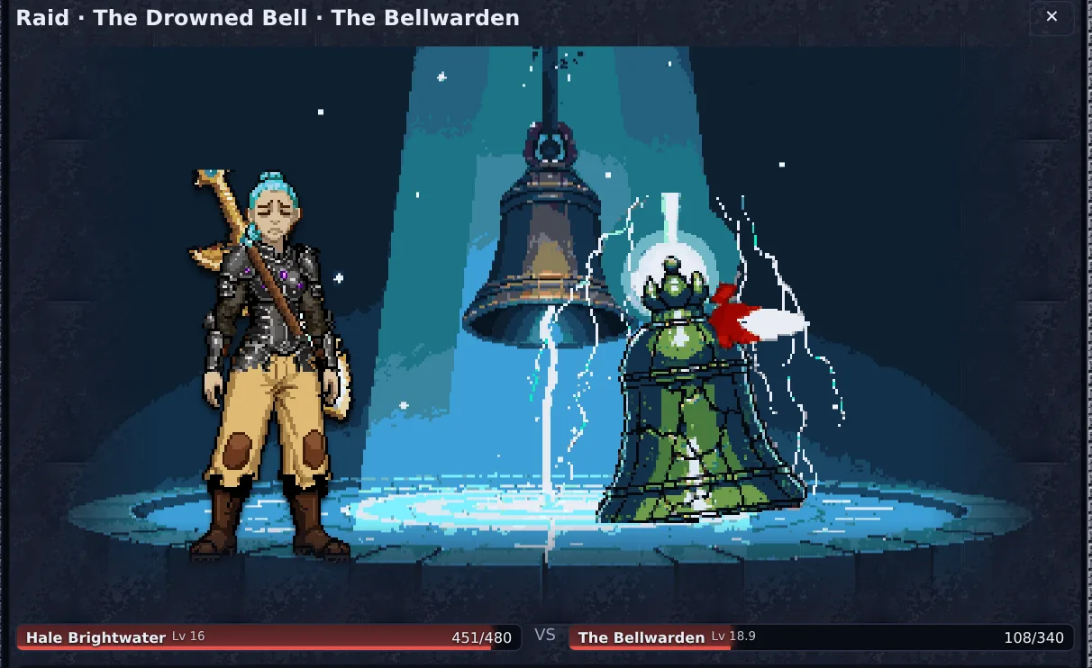 A Wayfarer strikes the Bellwarden in its drowned chamber