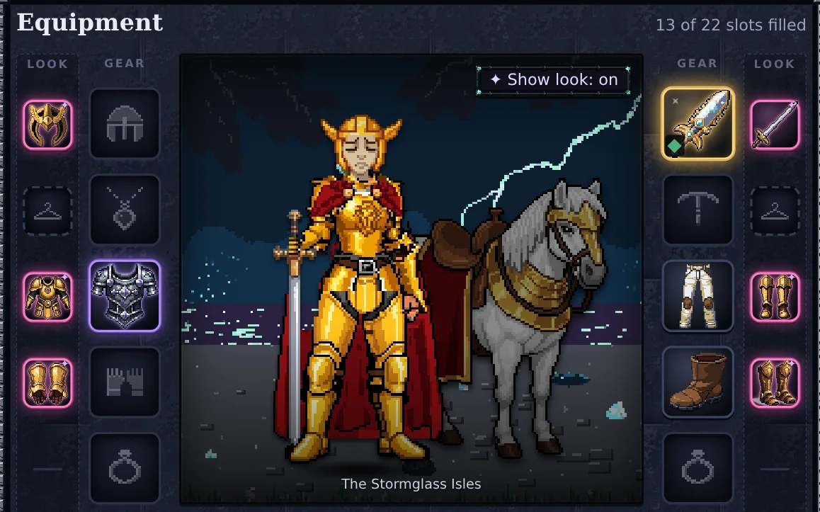 A Wayfarer in gold Valiant plate beside a gilded destrier